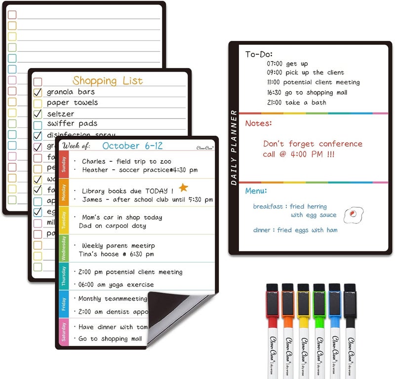 Clever Clean Magnetic Dry Erase List Board - 6.5"x8.5" Weekly, Daily, 2 List Boards for Fridge - 6 Extra Fine Point Markers Included - Shipped Flat - Image 1